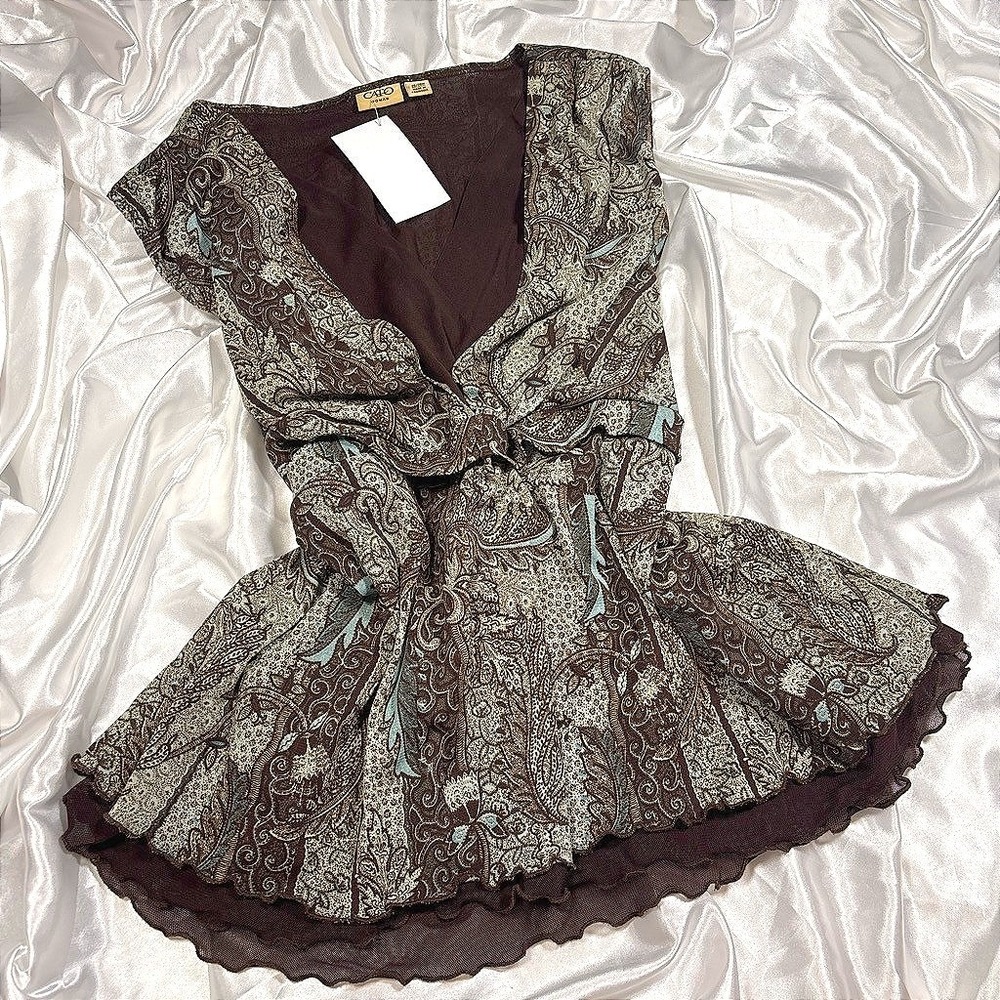y2k Paisley Mesh Top Brown NWT Sleeveless Lettuce Edge Blouse Cato Woman